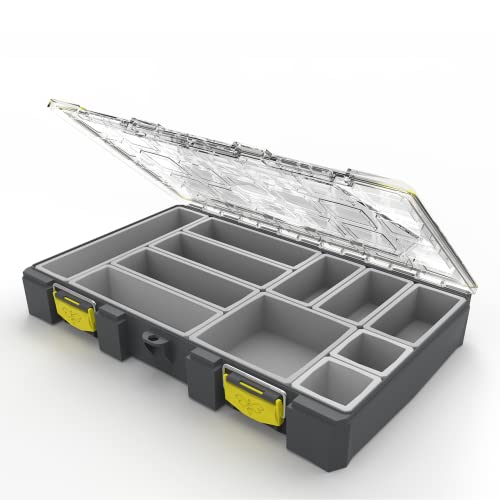 Colony 28 Modular, Customizable Waterproof , Dry Box, Plastic Storage Organizer Box, Saltwater Tackle Box, Parts Box, Grey and Yellow