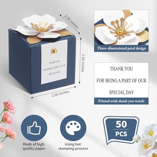 Affrolling 50 Pcs Wedding Favor Boxes with Thanks Card Square Flower Candy Boxes Paper Bridal Gift Box for Guests Wedding Bridal Shower Birthday Party Anniversary (Blue) - color: Blue