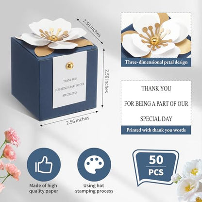 Affrolling 50 Pcs Wedding Favor Boxes with Thanks Card Square Flower Candy Boxes Paper Bridal Gift Box for Guests Wedding Bridal Shower Birthday Party Anniversary (Blue) - color: Blue
