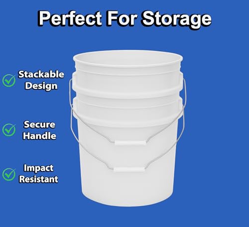 5-Gallon Bucket Only – No Lid Included, Made in USA, Food Grade BPA Free Plastic, Heavy Duty Multi-Use, Metal Handle with Grip, Stackable Storage – White, 1 Pack - color: White, size: 1