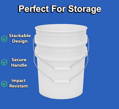5-Gallon Bucket Only – No Lid Included, Made in USA, Food Grade BPA Free Plastic, Heavy Duty Multi-Use, Metal Handle with Grip, Stackable Storage – White, 1 Pack - color: White, size: 1