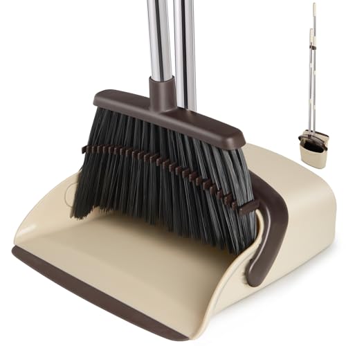 Broom and Dustpan Combo Set,55" Long Handle,Beige | Heavy Dust,Dustpans with Broom Combo,House Accessories for Home, Kitchen,Office,Classroom,Apartment,Pet Hair - color: Beige