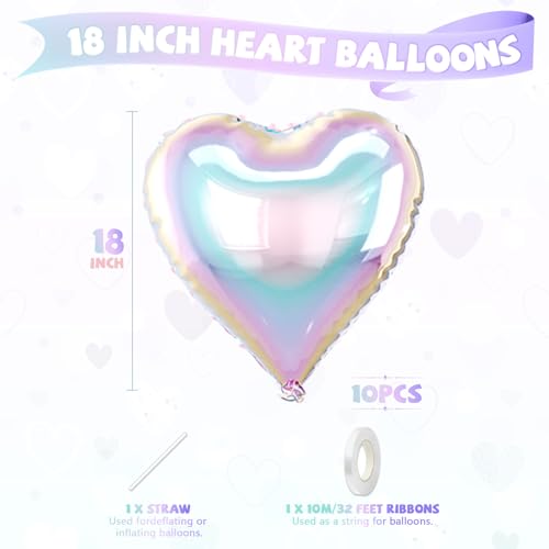 Iridescent Heart Balloons, 10PCS Rainbow Foil for Mermaid Birthday Party - color: Iridescent