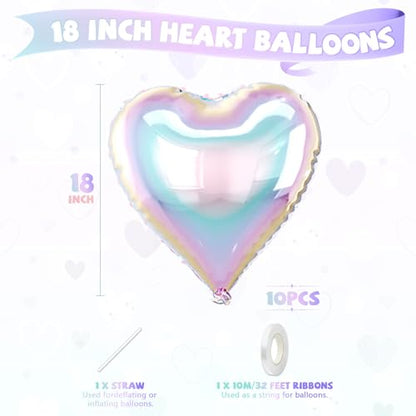 Iridescent Heart Balloons, 10PCS Rainbow Foil for Mermaid Birthday Party - color: Iridescent