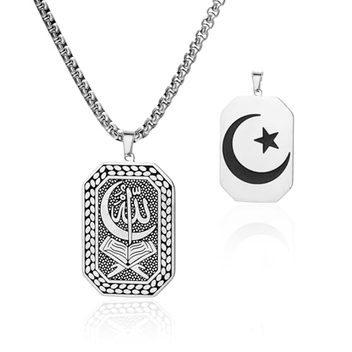 VASSAGO Islamic Necklace for Men Double Sided Allah Crescent Moon Star Dog Tag Pendant Stainless Steel Muslim Jewelry for Ramadan Eid - color: Silver