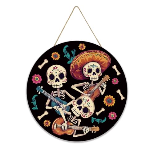 Smile Dia de los Muertos Wooden Round Door Hanger - style: Muertos