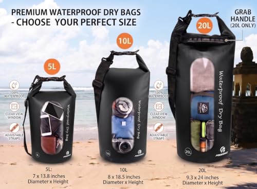 Freegrace Waterproof Dry Bag Set of 3 - Submersible Dry Sack with Double Zip Lock Seals - Includes Waist Pouch & Phone Case - Perfect for Kayaking, Swimming, Boating & Rafting (Black(Window), 20L) - color: Black, size: 20L, style: Window