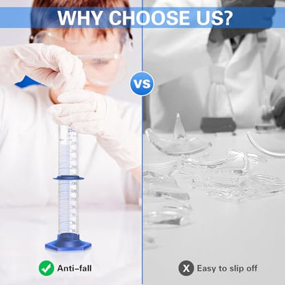 Thick Glass Graduated Cylinder Measuring Liquid Lab Cylinders with Anti-Falling Plastic Base and Bumper Guards and Glass Dropper (Glass, 250ML) - size: 250ML
