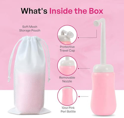 Portable Bidet Bottle for Women - Personal Upside Down Peri Bottle for Feminine Hygiene, Postpartum & Period Care with Angled Sprayer & Storage Bag - Perfect for Travel & New Moms (10 oz)