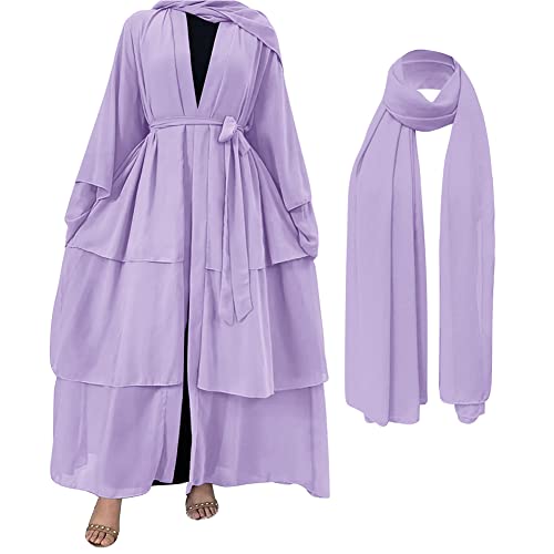 Muslim Chiffon Abaya for Women Open Front Cardigan Modest Dress with Hijab Scarf Middle East Arabian Robe Islamic Long Dress - color: Light Purple, size: Small
