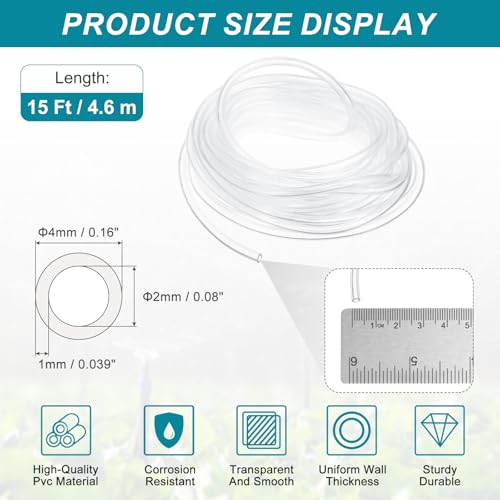 uxcell Clear PVC Tubing, 2mm ID x 4mm OD - 15ft PVC Tube Lightweight Vinyl Hose, Transparent Flexible Plastic Water Tubing for Air Oil Water Transfer Aquarium Irrigation - size: 2mm ID x 4mm OD