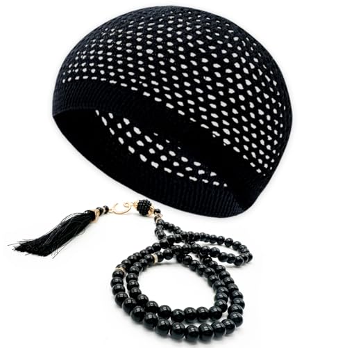 ESERRA Kufi Hats for Men and Women with 99 Tasbih Prayer Beads, Muslim Thick Breathable Skull Cap, Tasbeeh, Prayer Cap - color: Black