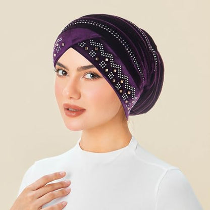 Rhinestone Hijab Turban Hats for Women Beanies Bandana Headwrap Cap Beanies Headwear Headscarf Undercap Turban Hat - color: Purple