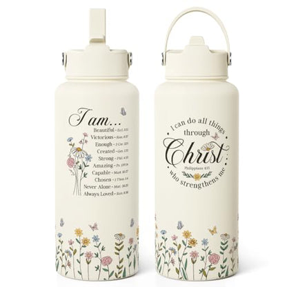 Christian Inspiration Water Bottle 32oz Stainless Steel with Lid & Straw, Inspirarional Insulated Bottles for Women Girls, Religious Inspirational Gift Idea for Birthday Christmas - color: Christian