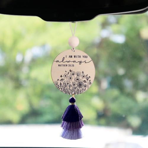 Christian Car Charm Gifts for Women Men, I am with You Always Rear View Mirror Hanger with Tassel Religious Car Hanging Ornament Accessories(Purple) - color: Purple
