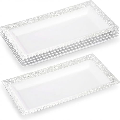 Plastic Serving Tray & Platter Set (4-Pack) White Lace Disposable Party Trays & Platters for Food - Versatile for Appetizers and Ideal for Weddings, 14" x 7.5" Platters for Serving Food - color: White Lace, size: 4 Pack