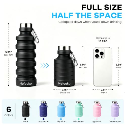 Nefeeko Collapsible Water Bottle, 27oz Reuseable BPA Free Silicone Foldable Portable Leak Proof Sports Water Bottle with Carabiner for Travel Gym Camping Hiking - color: Black-27oz