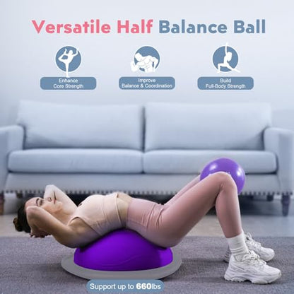 kisnbld Half Balance Ball Trainer, Inflatable 19/23 Inch Half Exercise Ball with Resistance Bands and Pilates Ball, Non-Slip 660lbs Capacity Yoga Ball for Home Gym Full Body Workouts - color: Purple
