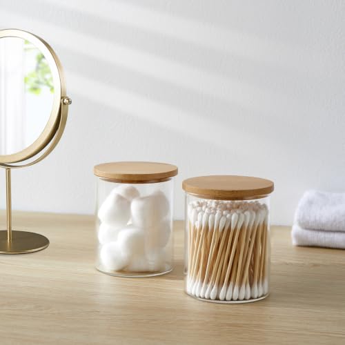 INIUNIK 3 Pack Glass Qtip Holder Dispenser with Bamboo Lid Apothecary Jars Cotton Ball Swab Holder Jar Dispenser Bathroom Vanity Canisters for Countertop Storage and Organization - size: 3 Pack
