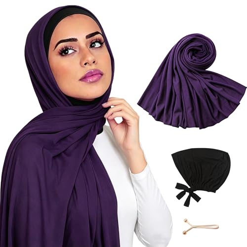 Hijab Scarf for Women, 3PCS Set with Undercap and Hijab Clip Lightweight Modal Muslim Head Wrap Scarf for Daily - color: Sy11-dark Purple Hijab+black Undercap