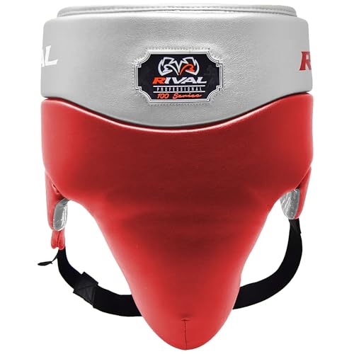 RIVAL Boxing RNFL100 Professional No-Foul Groin Protector with Laces, Dual Waist Straps, Ultra-Lightweight Construction, and Super-Rich Microfibre PU - color: Red/Silver, size: Medium
