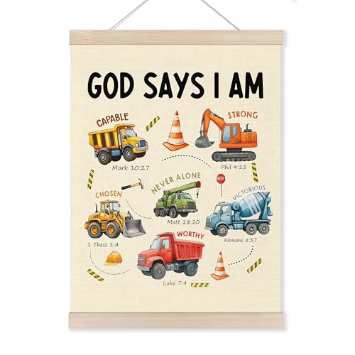 HUGANE Christian Construction Wall Art Poster Hanger Frame, God Say I Am Bible Verse Religious Canvas Pictures Prints Framed Hanging Wall Decor for Boys Kids Room Nursery Playroom, 12x16 Inch - color: Color-28