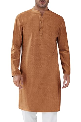 Runcati Mens Kaftan Thobe Textured Henley Shirt Long Sleeve Robe Casual Muslim Gown Shirt - color: Brown, size: XX-Large