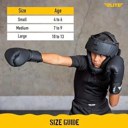 Elite Sports Best Kids Boxing Headgear Youth Wrestling Headgear for Age 4 to 13 Year MMA Kickboxing Muay Thai BJJ Karate Head Guard for Boys Girls (Black) - size: Medium
