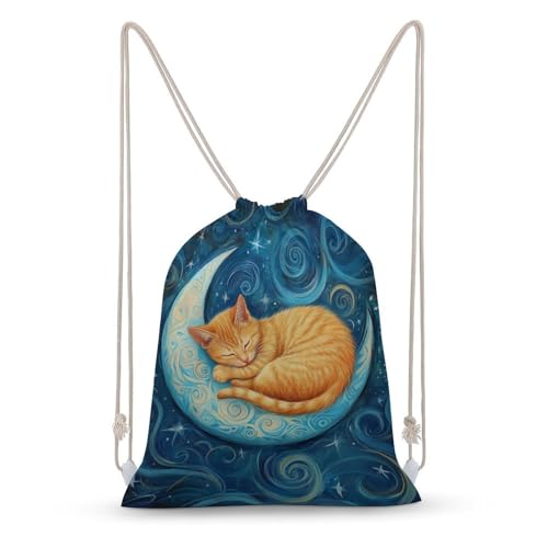 Amazon.com | Orange Cat on Crescent Moon Drawstring Backpack Canvas String Bag Lightweight Sports Gym Bag for Men Women | Drawstring Bags