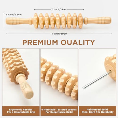 Wooden Cellulite Muscle Roller for Legs and Thighs - Handheld Fascia Blaster Tool for Muscle Relief, Lymphatic Drainage & Body Sculpting - Anti Cellulite Massager for Women and Men (9 Wheel) - color: Wooden Straight