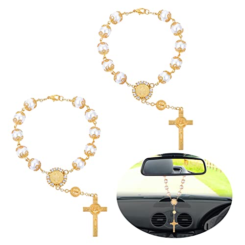 Cobee Car Rosary, 2-Piece Cross Auto Rosary, Rear View Mirror Pendant, Car Hanging Accessories, Interior Decor for Women & Men (Gold) - color: Gold