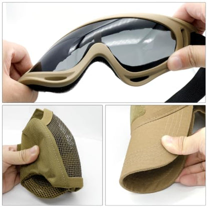 Airsoft Mask with Goggles, Foldable Half Face Airsoft Mesh Mask with Ear Protection for Paintball Shooting Cosplay CS Game - color: T, size: 3pcs