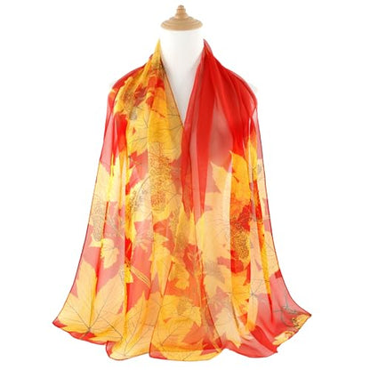 E-Clover Women Soft Floral Print Shawl Chiffon Sheer Scarf - color: Red Orange Leaves