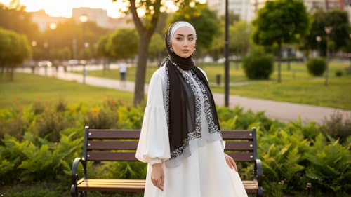 Hijab Modest and Elegant | Beautifully Designed Printed Chiffon Patterns | Muslim Women Head Scarf and Veil - color: Black D