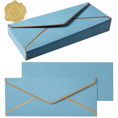100 Pack #10 Business Envelopes with Gold Stickers, Dusty-Blue | Self Seal Standard Envelopes with Gold Border, 4 1/8 x 9 1/2 Inches, For Office, Checks, Letter Mailing, Invoices - color: Dusty-Blue