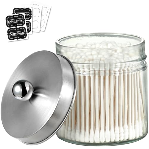 SheeChung Glass Mason Jar Qtip Holder Dispenser, Brushed Nickel Lids,1 Pack | Clear Apothecary Jar,Stainless Steel Lids,Small Bathroom Jars Canisters,Vanity Storage Organizer for Cotton Swabs,Balls,Floss - color: Brushed Nickel, size: 1 Pack