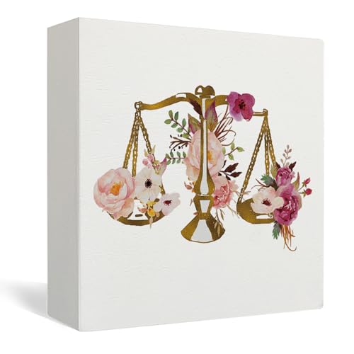 Lawyer Attorney Gifts for Women Wood Box Sign Decor, Lawyer Graduation Gifts, Floral Scales of Justice Wooden Block Sign Decorations for Home Office Desk Shelf Table Accessories 5x5 Inches - color: Lawyer