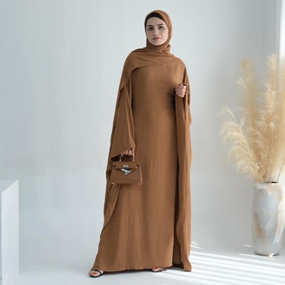 ODIZLI Abayas For Women Muslim Dubai Full Cover Kaftan Shirt Dress Batwing Sleeve Prayer Dress With Hijab - color: Coffee + Hijab, size: One Size