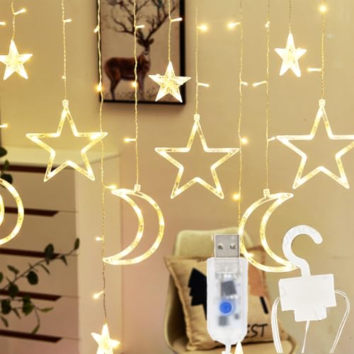 Star Moon Curtain Lights, 138 LED 7.5 FT Wide USB Powered Warm White Window Fairy Lights with Remote, Timer, Brightness Control and 8 Modes for Bedroom, Ramadan, Eid, Wedding and Party Decor - color: Warm White