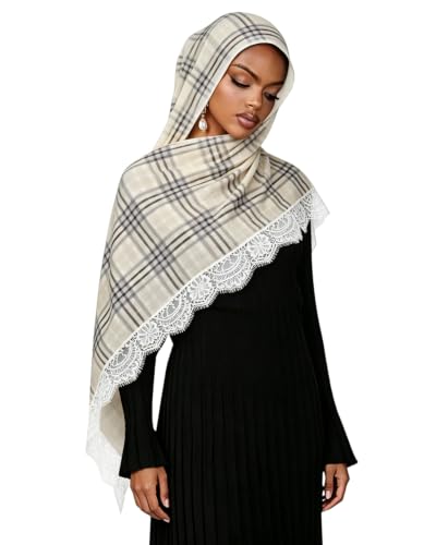 JUMISEE Elegant Floral Lace Hijab Scarf for Women Soft Cotton Head Wrap Instant Hijab Long Scarves Evening Dress Shawl - color: Beige Plaid Pattern