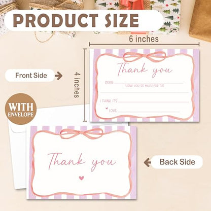 Kids Thank You Cards with Envelopes, Pink Ribbon Theme Fill in the Blank Thank You Notes for Kids, Toddler Stationery Set, Ideal for Birthday Party, Graduation & School Gag Gifts - B05 - color: Pink Ribbon Style