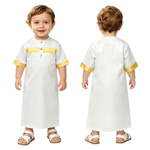 Toddler Ramadan Eid Outfit Traditional Middle Eastern Short-Sleeve Crew-Neck Thobe Kaftan Prayer Clothes - color: White, size: 3-6 Months