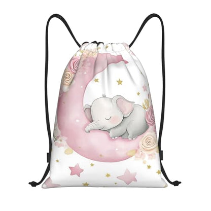 Cute Elephant on Pink Crescent Moon Drawstring Bags Reusable Polyester Durable Lightweight Storage Bags for Travel Gym Promotional Events Daily Organization