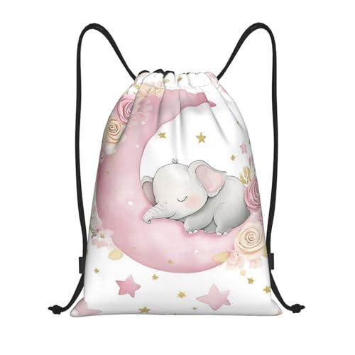 Cute Elephant on Pink Crescent Moon Drawstring Bags Reusable Polyester Durable Lightweight Storage Bags for Travel Gym Promotional Events Daily Organization