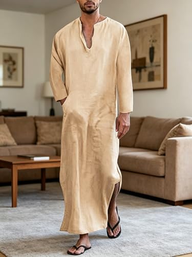 Jacansi Men's 65% Cotton 35% Linen Kaftan Thobe, Long Sleeve Casual Arabic Robe, Loose Long Gown with Pockets - color: Khaki #1, size: Large