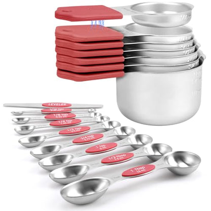 Magnetic Measuring Cups and Spoons Set-Heavy Duty 304 Stainless Steel | Double Measurement Markings,BPA-Free,Set of 16 with Leveler for Measuring Dry and Liquid Ingredients(Red) - color: Red