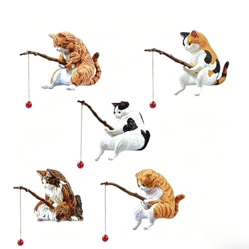 5 Pcs Cute Cat Fishing Figurines, Miniature Resin Ornaments for Fish Tank, Terrarium, Desk, Fairy Garden, Home Decor