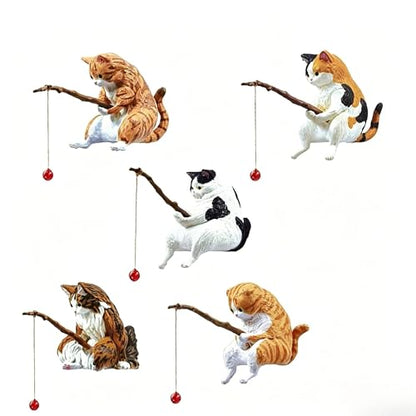 5 Pcs Cute Cat Fishing Figurines, Miniature Resin Ornaments for Fish Tank, Terrarium, Desk, Fairy Garden, Home Decor