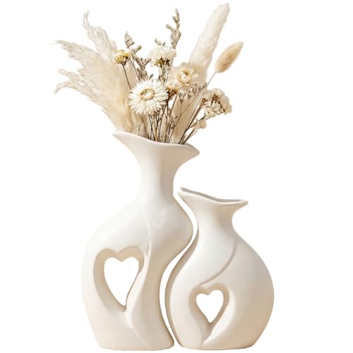White Heart Vase Set of 2,Modern Vases for Home Console Table Decor for Living Room Coffee Table Fireplace Bookshelf Decorations（3.5" L x 4.4" W x 8.5" H） - color: White