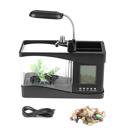 Mini Fish , Multifunctional USB Rechargeable Fish Desktop Electronic Aquarium with Clock Function LED Light Pen Holder for Office, Home
